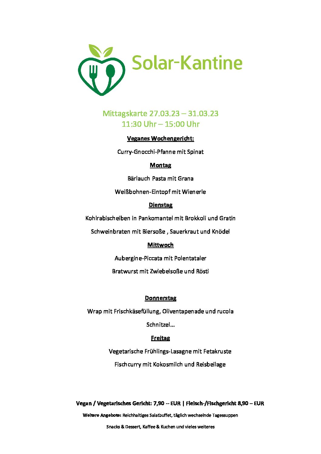 Mittagstisch Solar Kantine KW 13 ( 27.03-31.03.2023 )