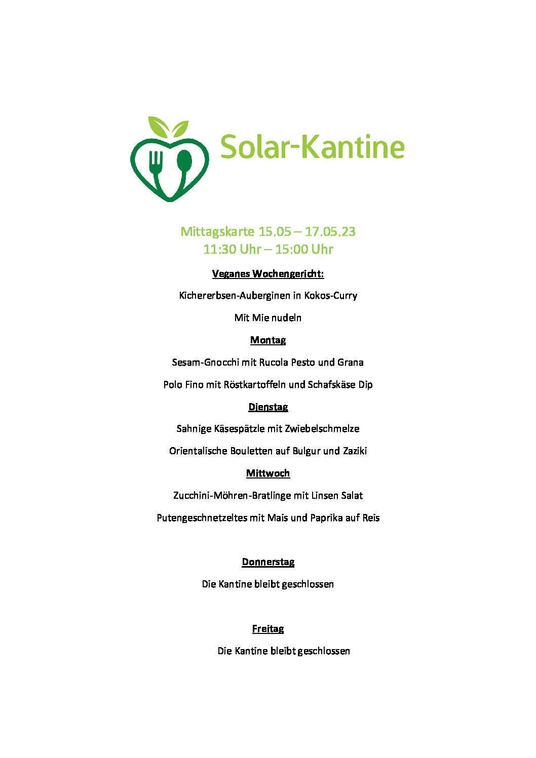 Mittagstisch Solar Kantine KW 20 ( 15.05-17.05.2023 )